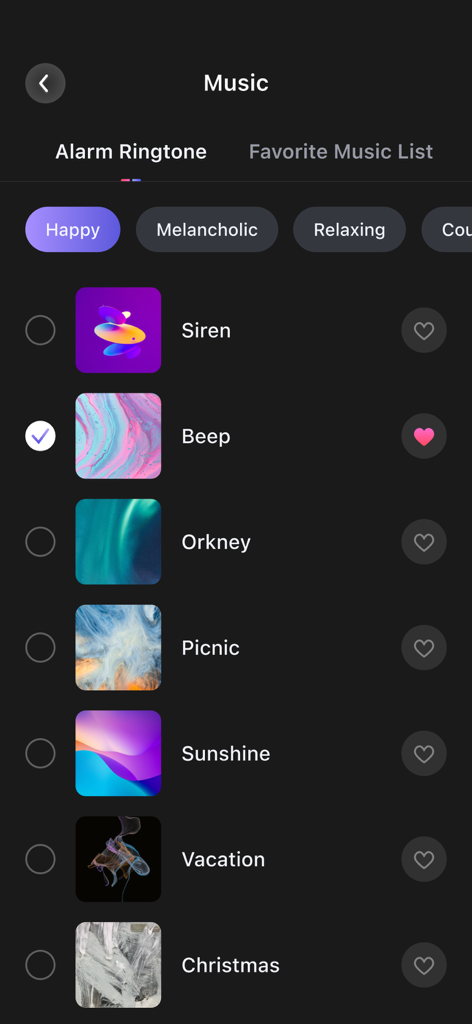 Nowmusi - Alarm Music & Sounds - Nowmusi app interface showing a list of alarm ringtones with mood categories like Happy and Relaxing