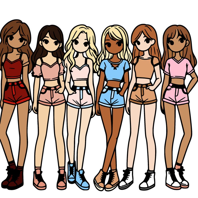 a group of girls wearing crop tops and shorts