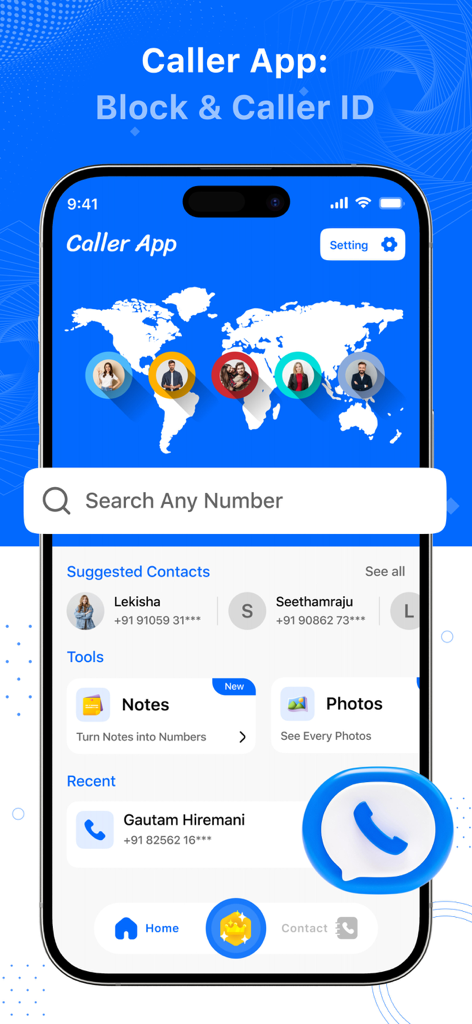 Caller App : Block & Caller ID - Home screen of Caller App showing suggested contacts and contact management tools