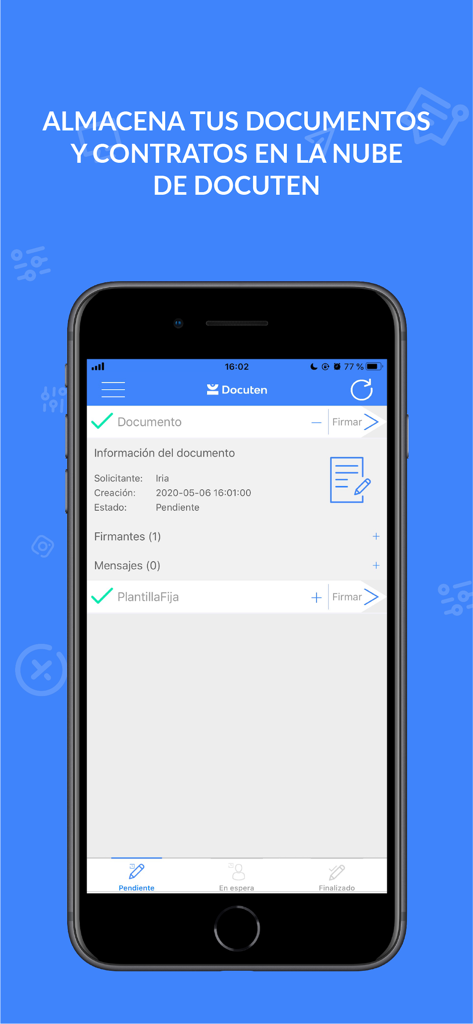 Docuten: Firma electrónica - Smartphone screen displaying the Docuten app document management and cloud storage interface