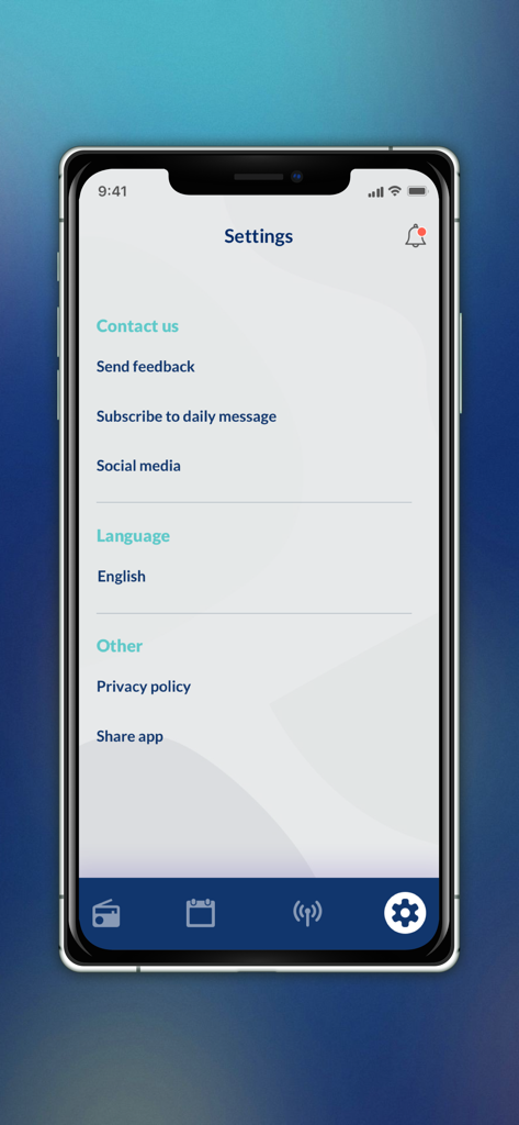 Almalak Radio - The settings interface of the Almalak Radio mobile app showing contact options and daily message subscription.