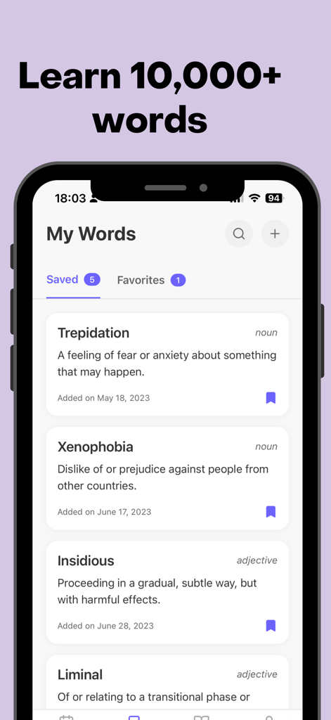 Vocab Builder: Learn new words - A mobile screen showing a list of saved vocabulary words and definitions in the Vocab Builder app