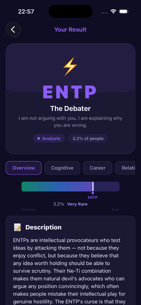 VerType: Personality Types - VerType app screen displaying ENTP personality type result known as The Debater