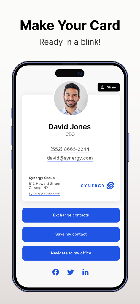 HeyDrop: Digital Business Card - Maqueta de tarjeta de presentación digital profesional en la app HeyDrop mostrando detalles de contacto y botones de acción rápida.