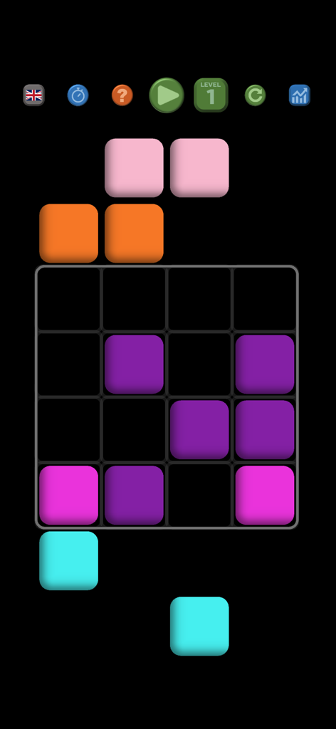 ARDUUM logic puzzle game interface showing colorful blocks on a black 4x4 grid.