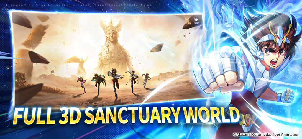 Saint Seiya EX Official screenshot featuring Pegasus Seiya and the Bronze Saints running towards the Athena statue in the 3D Sanctuary World