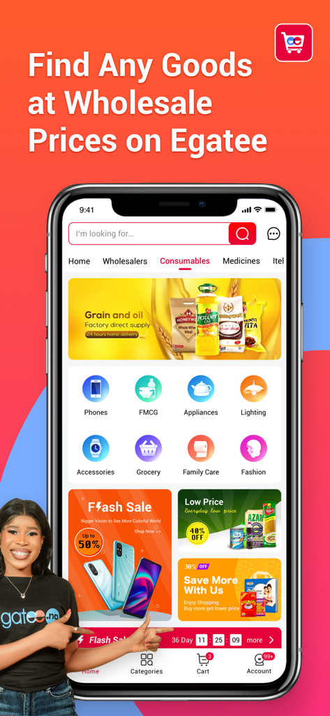 Egatee - Interfaz de la aplicación móvil Egatee que muestra precios al por mayor y categorías de productos como electrónica y comestibles