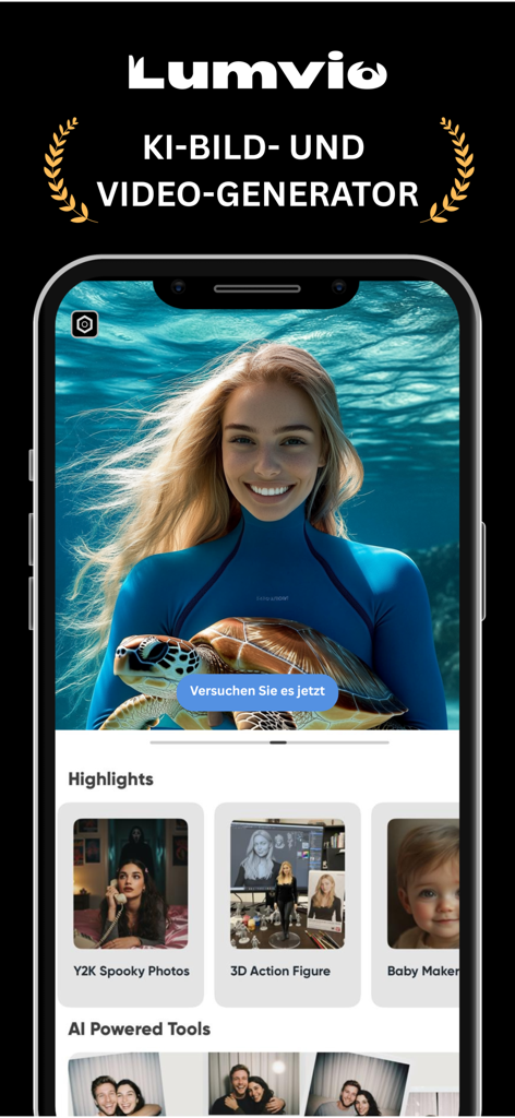 Lumvio ai - ai photo generator - Lumvio AI App-Oberfläche mit einem Unterwasser-KI-generierten Porträt und verschiedenen Fotofiltern wie Y2K Spooky und Baby Maker.