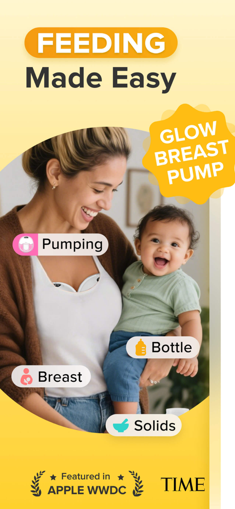 A smiling mother holding her baby with labels for tracking breastfeeding pumping bottle feeding and solid foods