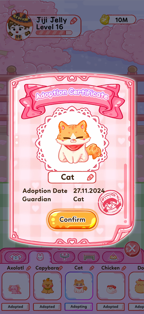 An adoption certificate for a cute orange cat within the Jelly Master Mukbang ASMR game interface