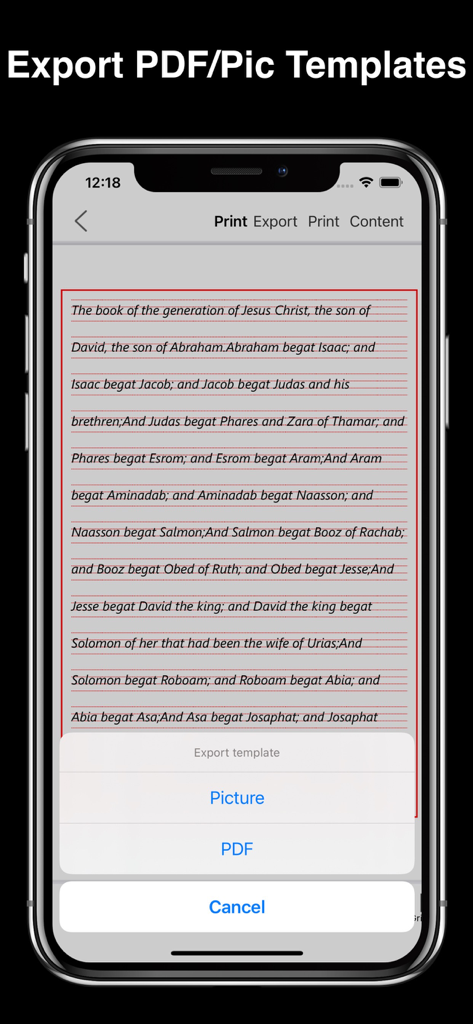 Calligraphy Master: Cursive - Interface for exporting calligraphy practice templates as PDF or Picture files