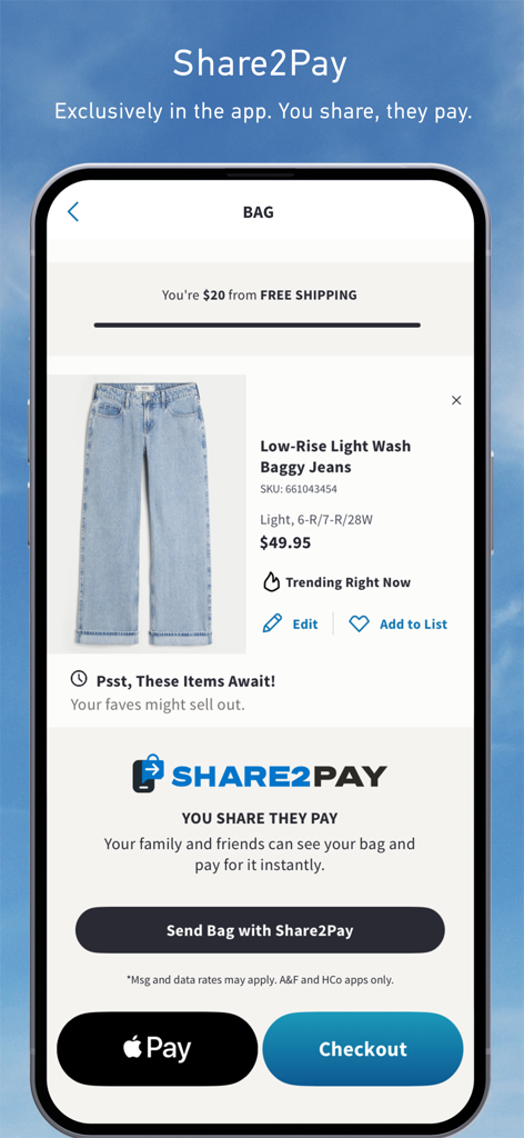 Hollister Co app Share2Pay feature screen showing shopping bag and checkout options