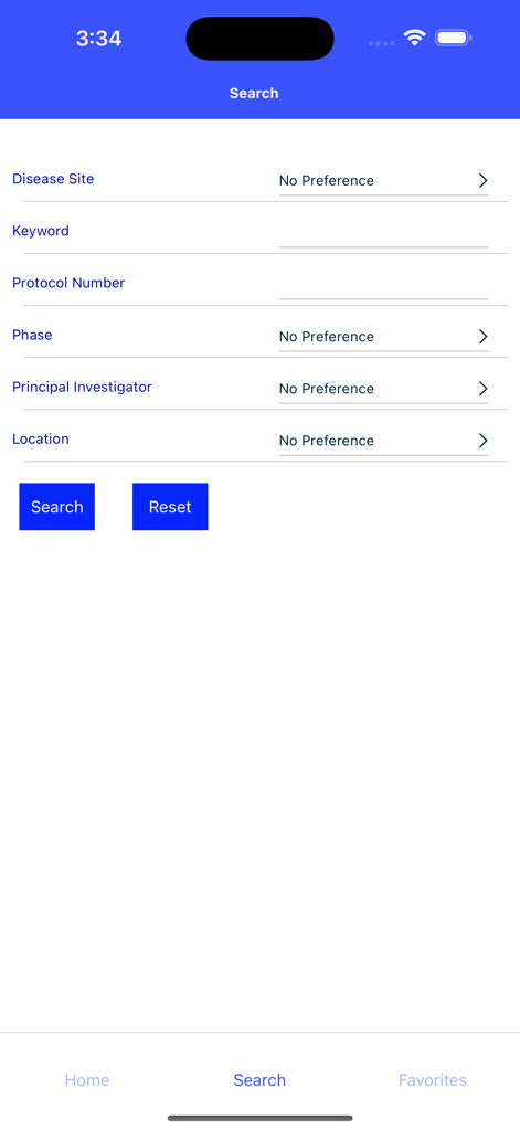 Search screen of the KCI Trials app showing filters for disease site keyword phase and principal investigator