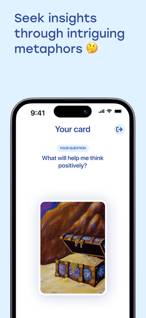Una pantalla de la aplicación de terapia con IA OhSofia que muestra una carta asociativa metafórica con un cofre del tesoro para proporcionar información personal