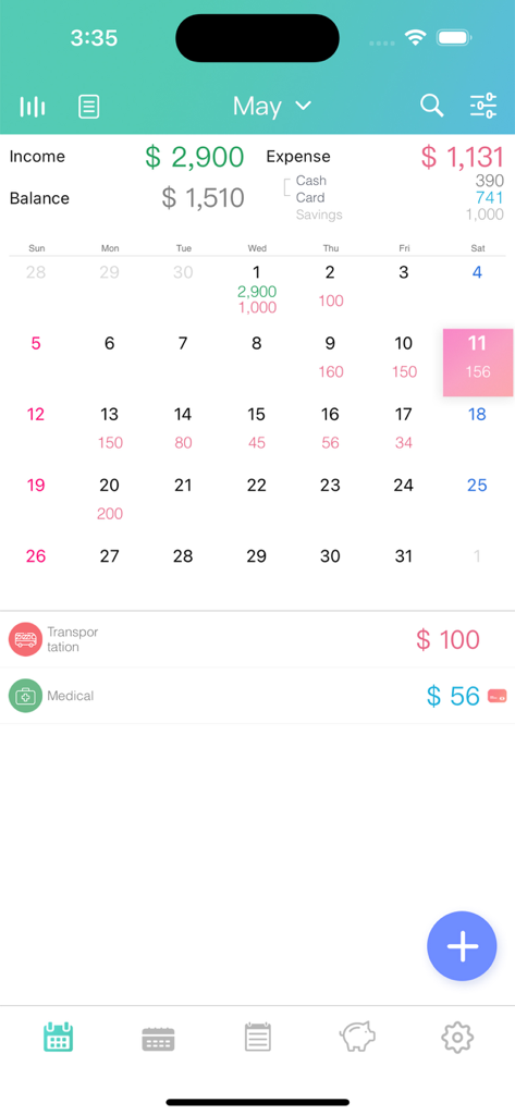A minimalist calendar view from the Weple Money app showing daily expense logs and monthly budget summary.