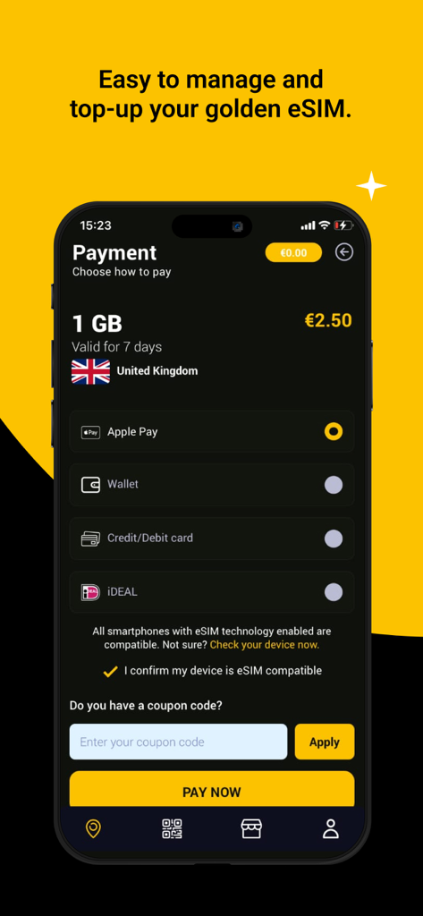 Golden eSIM - Global Internet - Pantalla de pago de Golden eSIM para un plan de datos de 1GB para el Reino Unido con opción de Apple Pay
