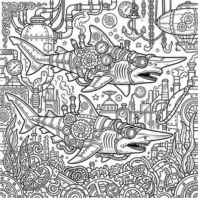 Unleash your creativity with this extraordinary Steampunk Goblin Sharks coloring page. Explore a mesmerizing underwater world where ancient creatures meet intricate machinery and gears.