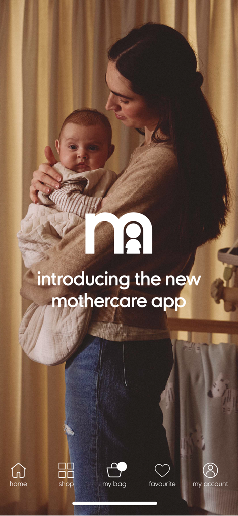 Mothercare MENA Baby/Kids Shop - A mother holding her baby on the welcome screen of the Mothercare app