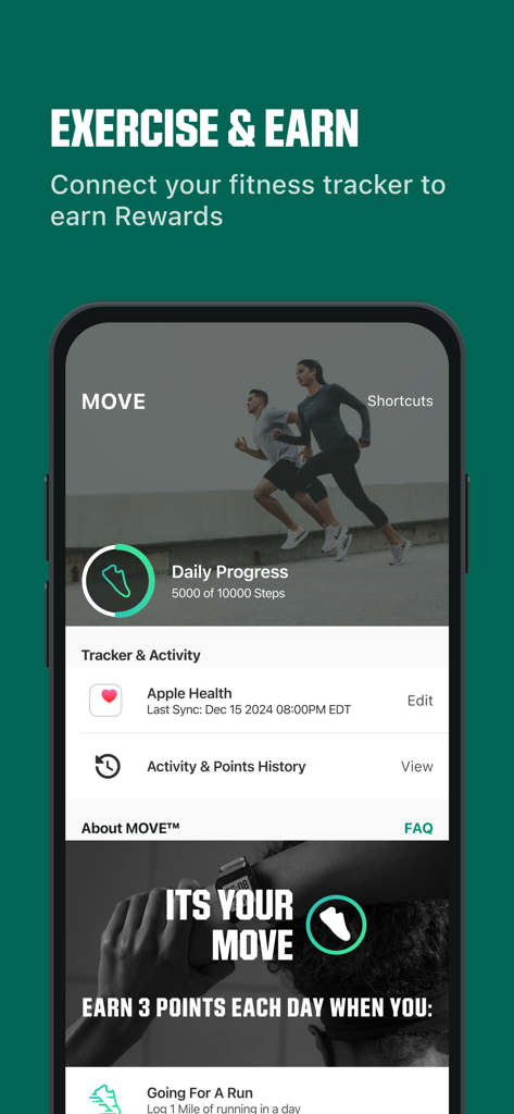 Smartphone screen showing the MOVE feature in the DICK’S Sporting Goods app to earn rewards for daily exercise
