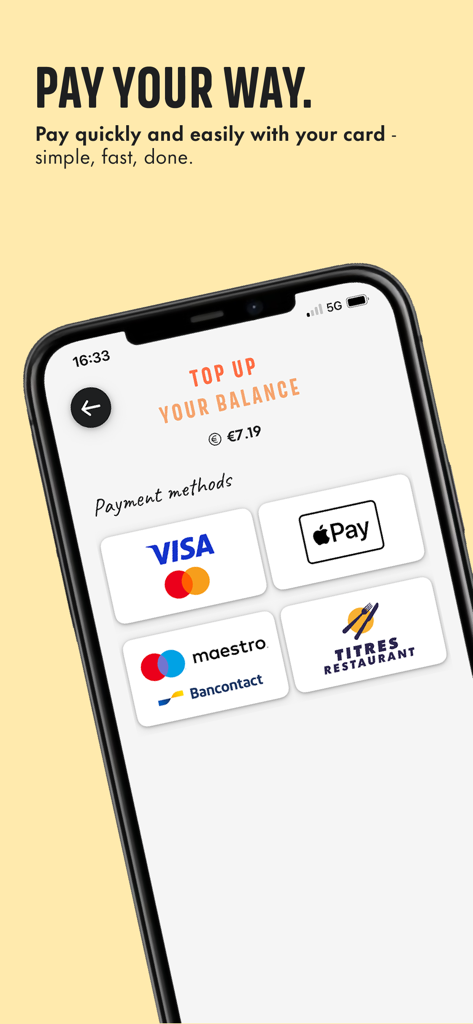 Foodles - Schermata mobile che mostra le opzioni di pagamento per ricaricare il saldo dell'app Foodles, inclusi Apple Pay e carte di credito