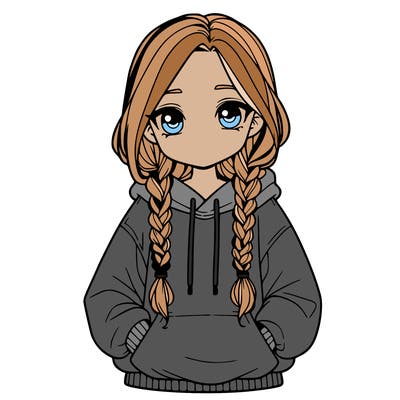 a realistic girl with a oversized hoodie and she has braids