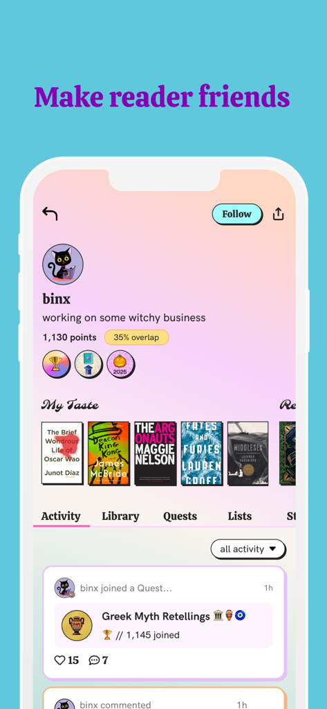 Pagebound: Social Book Tracker - A user profile on Pagebound showing points, reading badges, a list of favorite books, and recent community activity like joining a quest.