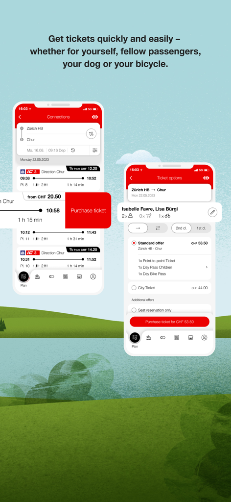 SBB Mobile app interface showing train ticket options for passengers and bicycles
