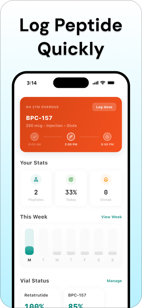 PepSync app dashboard tracking BPC-157 dosage and vial status