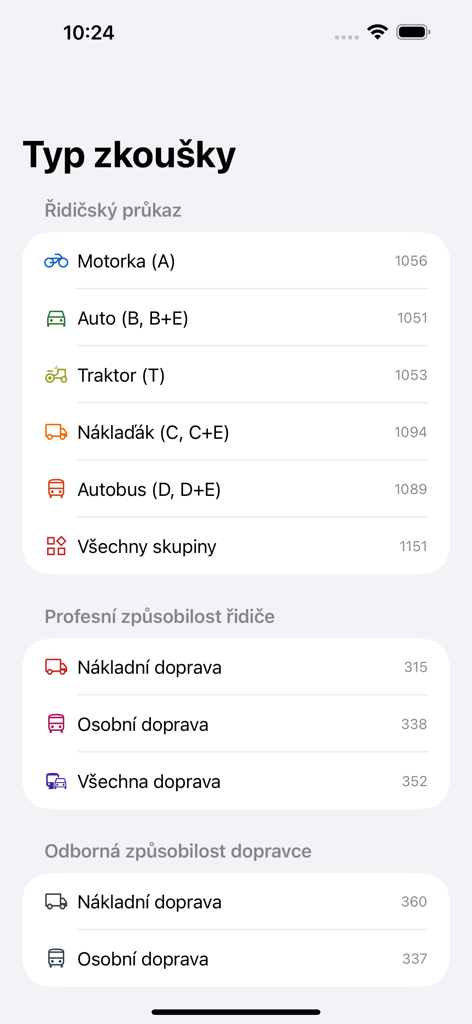 Exam type selection screen with categories for cars motorcycles trucks and buses