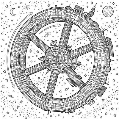 Dive into a futuristic adventure with this intricate artificial gravity station coloring page. Discover a complex space structure designed to defy microgravity, surrounded by stars and distant planets, offering an engaging coloring experience.