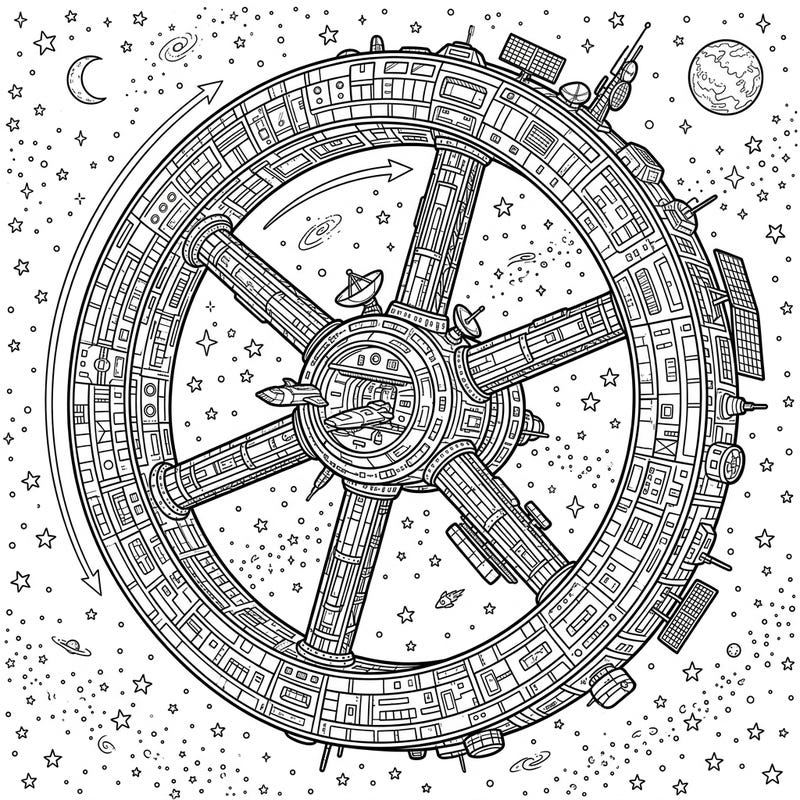 Dive into a futuristic adventure with this intricate artificial gravity station coloring page. Discover a complex space structure designed to defy microgravity, surrounded by stars and distant planets, offering an engaging coloring experience.