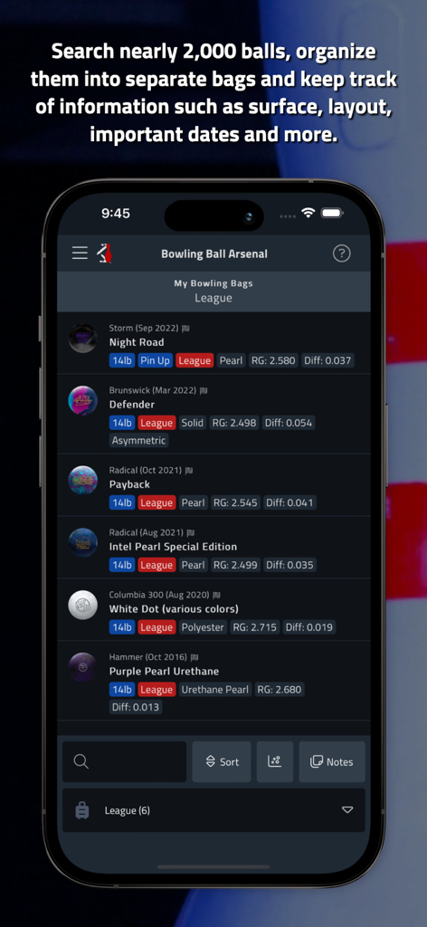 Tenpin Toolkit: Bowling Tools - A mobile screen showing the Tenpin Toolkit bowling ball arsenal feature with a list of equipment and technical specs
