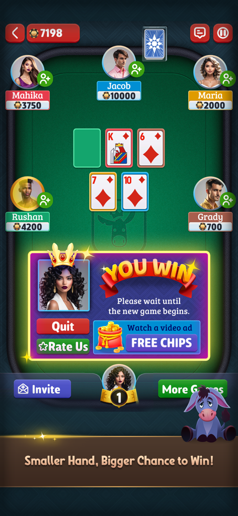 Donkey King: Online Card Game - A multiplayer victory screen in the Donkey King card game with a winning announcement and player avatars