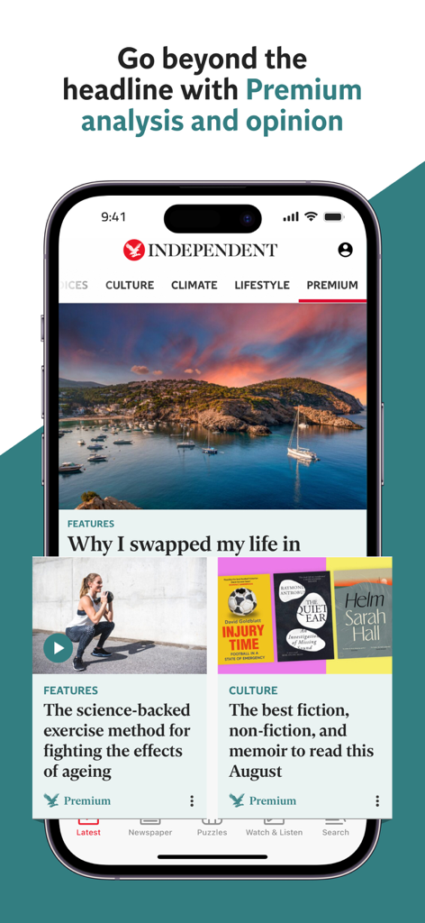 The Independent: Breaking News - The Independentアプリのモバイルビュー。プレミアムニュース分析と文化的な機能が強調されています。
