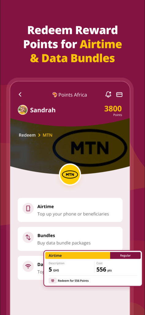 Points Africa - Points Africa app screen showing options to redeem reward points for airtime and data bundles