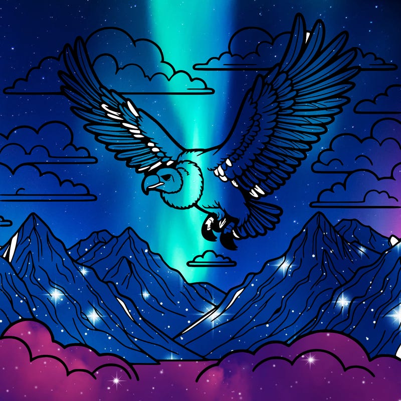 a majestic andean condor soaring through the high mountain skies, with its wide wingspan spread out, surrounded by snow-capped peaks and clouds.