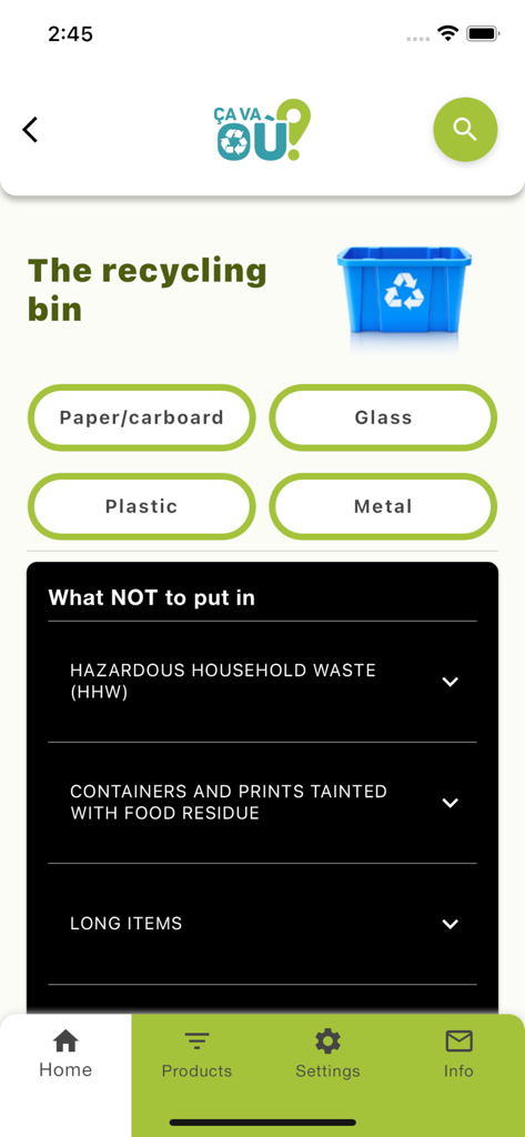 Screen showing what to put in the recycling bin and what to avoid