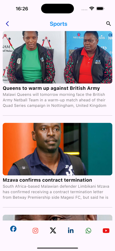 Nation Online - Sports news section of the Nation Online app featuring Malawian sports headlines and social media links
