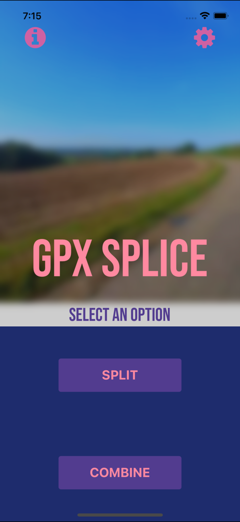 GPX Splice - Pantalla de inicio de la aplicación GPX Splice con opciones para dividir y combinar