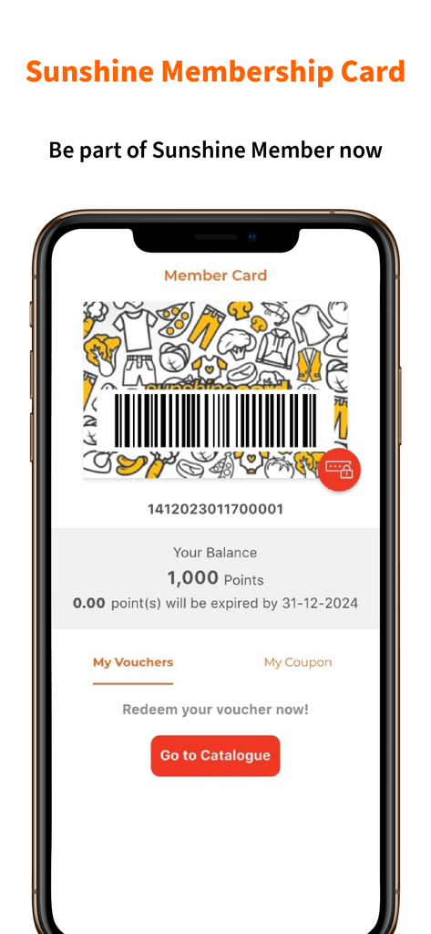 Sunshine Online app digital membership card screen with barcode and loyalty points balance