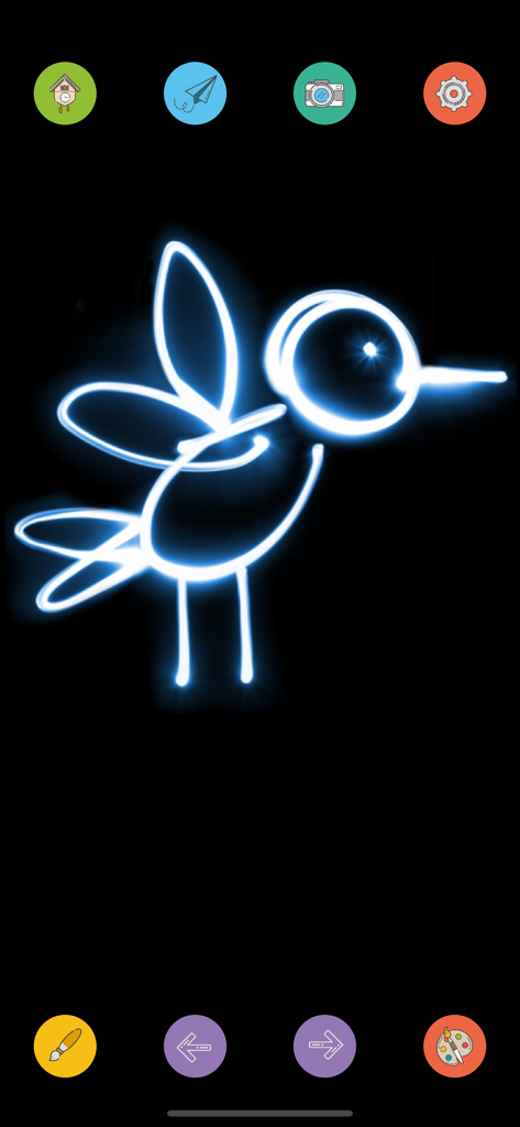 Doodle Pad -Draw Kid Coloring - A glowing blue neon bird drawing on a black background in a kids coloring app.