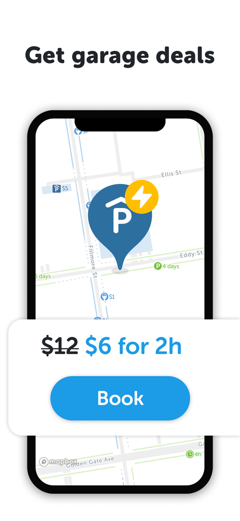 SpotAngels mobile app showing discounted parking garage rates on a map with a booking option.