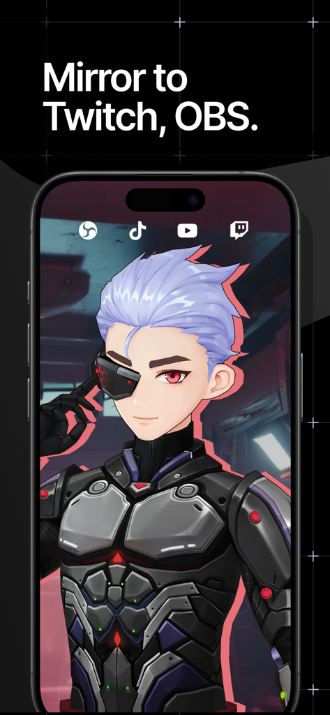 Hyper: VTuber Studio - Avatar masculino 3D futurista en Hyper VTuber Studio mostrando opciones para duplicar a Twitch y OBS