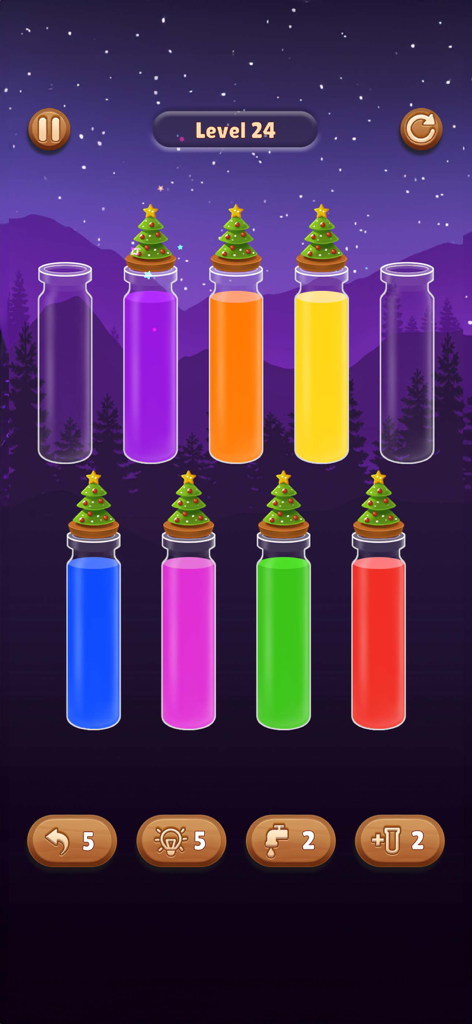 Color Water Sort Wooden Puzzle - Juego de Rompecabezas de Madera para Ordenar Agua que muestra el nivel 24 con adornos de árbol de Navidad en las botellas y líquidos coloridos.