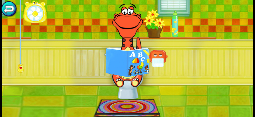 A red cartoon dinosaur sitting on a toilet reading an ABC book