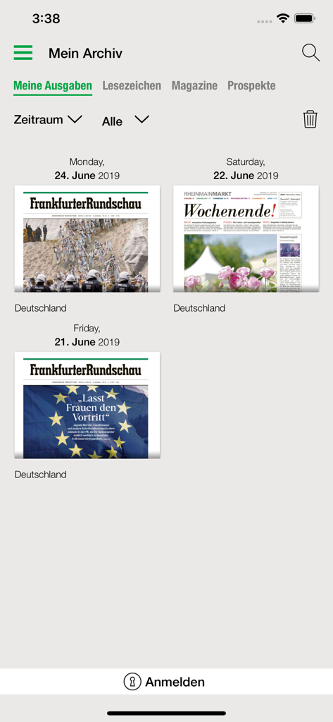 FR Digitale Zeitung - Digital archive screen of the Frankfurter Rundschau app showing several newspaper editions