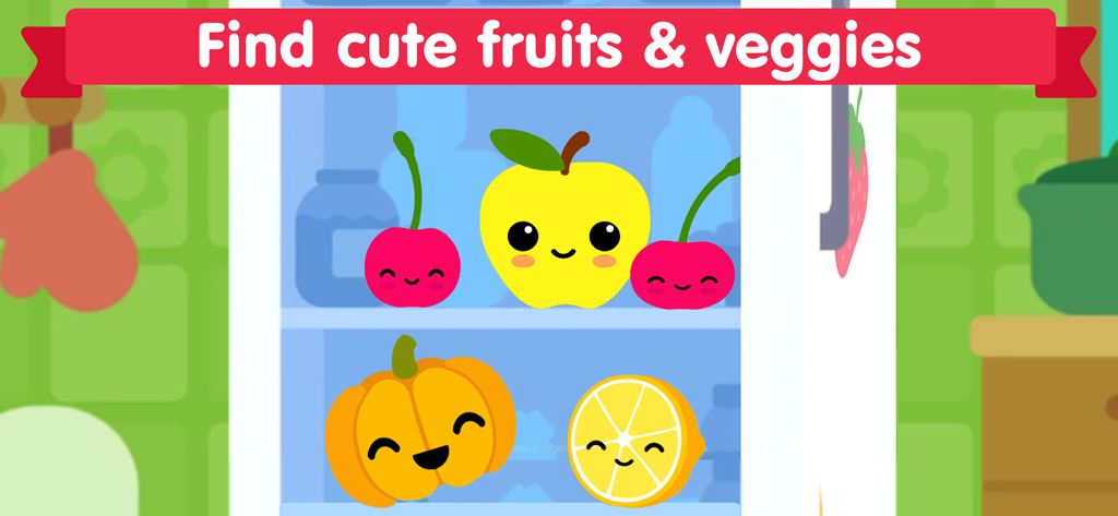 Cartoon fruits and vegetables with cute faces inside a blue refrigerator from the Peekaboo Games Barn Animals app