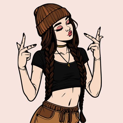 realistic teenage girl with braids and a beanie and crop top doing 🫶🏼