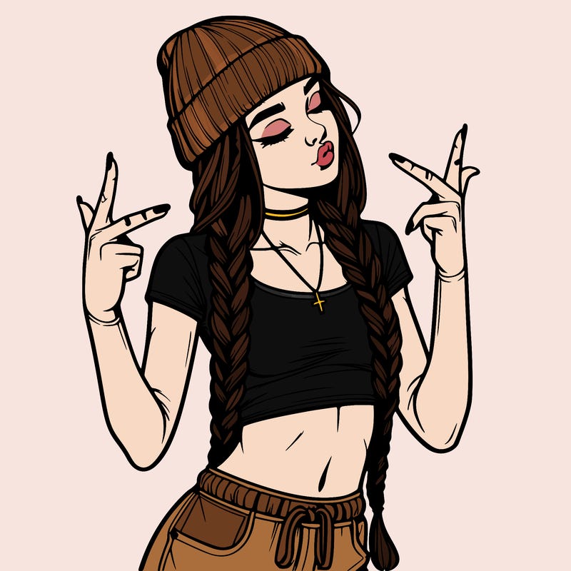 realistic teenage girl with braids and a beanie and crop top doing 🫶🏼