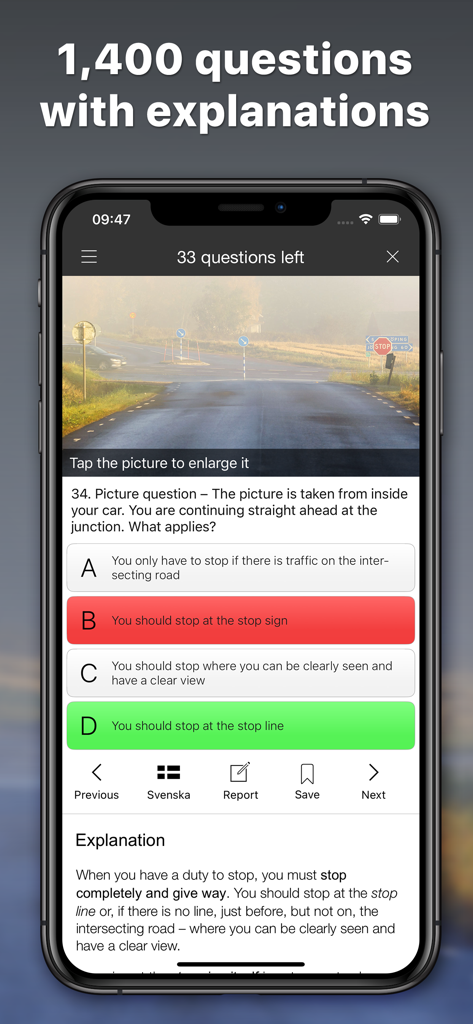 iKörkort - iKörkort app interface showing a practice driving theory question with a multiple choice answer and a written explanation